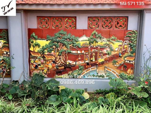 Tranh gốm ghép đắp nổi, mã 571135, cảnh làng quê việt nam, cây đa bến nước sân đình, tranh 3D dán tường, kích thước theo yêu cầu, gốm sứ bát tràng, tinh vân