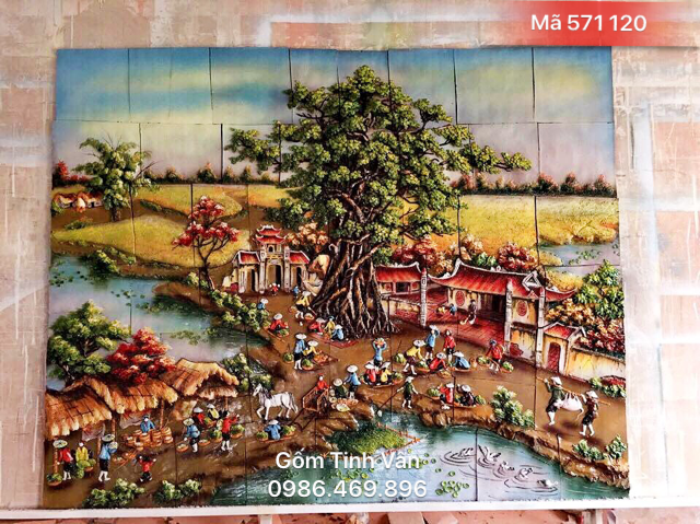 Tranh gốm ghép đắp nổi, 100x100 cm , mã 571120, cảnh chợ quê, gốm bát tràng, tinh vân