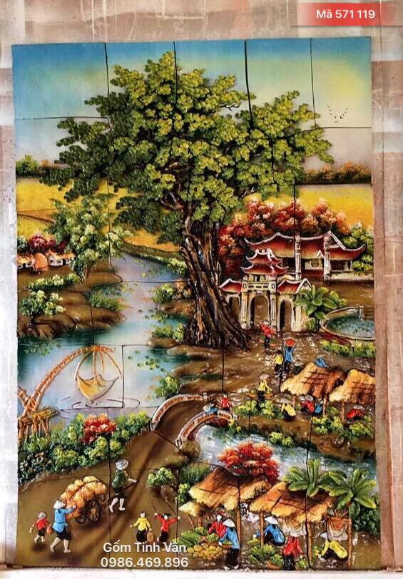 Tranh gốm ghép đắp nổi, 80x120 cm , mã 571119, cảnh chợ quê, gốm bát tràng, tinh vân