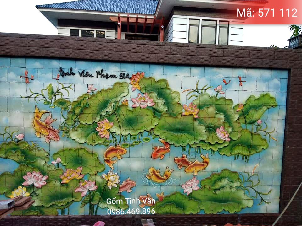 Tranh gốm ghép đắp nổi, mã 571112, cảnh cá chép hoa sen, trang trí sân vườn, gốm bát tràng, tinh vân