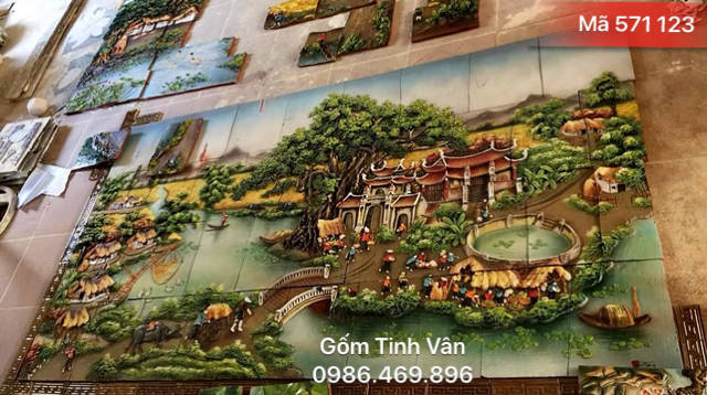 Tranh ghép đắp nổi, mã 571123, cảnh chợ quê, cây đa bến nước sân đình, nhận đặt theo yêu cầu, gốm bát tràng, tinh vân
