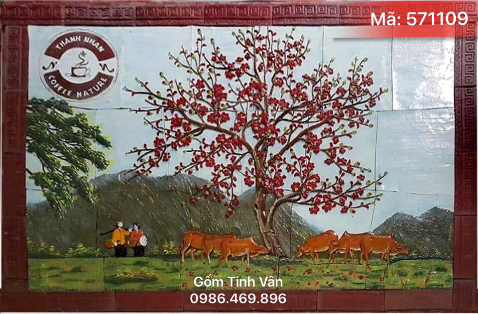 Tranh gốm ghép khổ lớn, mã 571109, cảnh mùa xuân tây bắc, hoa văn đắp nổi, cỡ 120x80 cm, gốm bát tràng, tinh vân