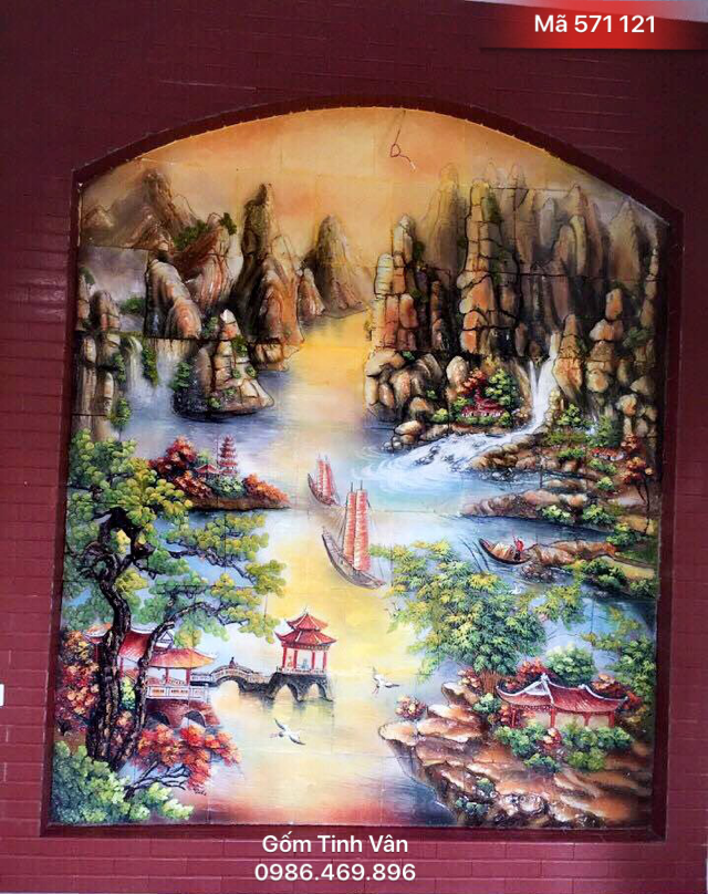 Tranh gốm ghép mái vòm, mã 571121, cảnh sơn thủy hữu tình, hoa văn đắp nổi, gốm bát tràng, tinh vân