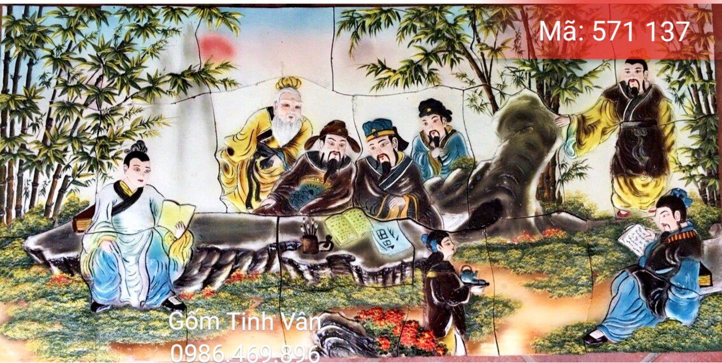Tranh gốm ghép, đắp nổi 3D, mã 571137, cảnh tú tài trạng nguyên ngâm thơ, kích thước theo yêu cầu, tranh ốp dán tường, trang trí sân vườn, cỡ lớn, hoa văn đắp tay theo yêu cầu, gốm sứ bát tràng, tinh vân