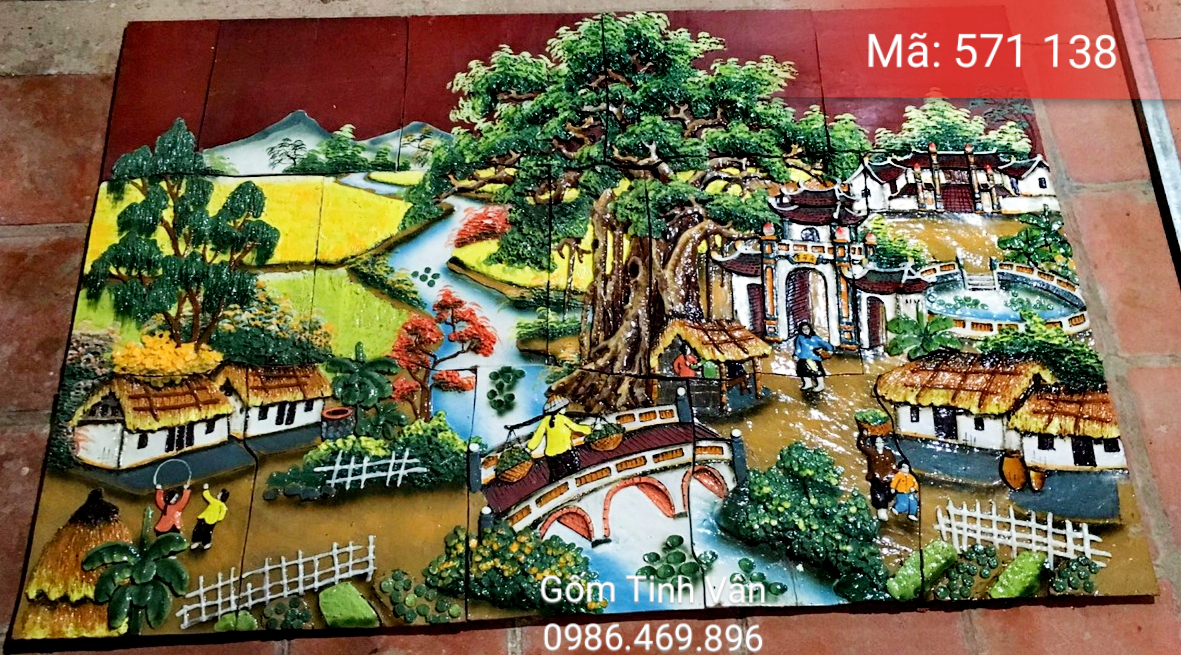 Tranh gốm ghép, đắp nổi 3D, mã 571138, cảnh làng quê việt Nam ,ruộng đồng lúa, con sông chảy ngang, tranh ốp dán tường, trang trí sân vườn, cỡ lớn, hoa văn đắp tay theo yêu cầu, gốm sứ bát tràng, tinh vân
