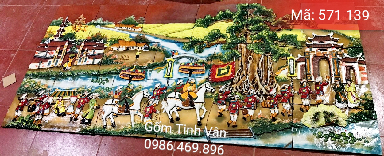 Tranh gốm ghép, đắp nổi 3D, mã 571139, cảnh trạng nguyên về làng, tranh ốp dán tường, trang trí sân vườn, cỡ lớn, hoa văn đắp tay theo yêu cầu, gốm sứ bát tràng, tinh vân