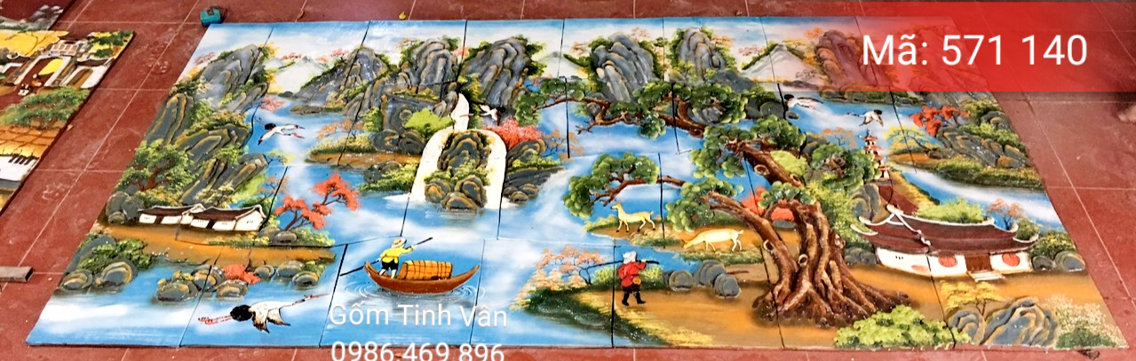 Tranh gốm ghép, đắp nổi 3D, mã 571140, cảnh ngư dân trên dòng sông bên cành đa, tranh ốp dán tường, trang trí sân vườn, cỡ lớn, hoa văn đắp tay theo yêu cầu, gốm sứ bát tràng, tinh vân