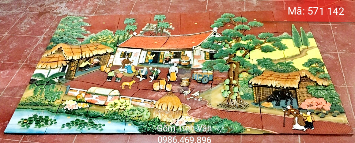 Tranh gốm ghép, đắp nổi 3D, mã 571142, cảnh quê hương, đồng lúa vàng, người dân sum vầy, tranh ốp dán tường, trang trí sân vườn, cỡ lớn, hoa văn đắp tay theo yêu cầu, gốm sứ bát tràng, tinh vân