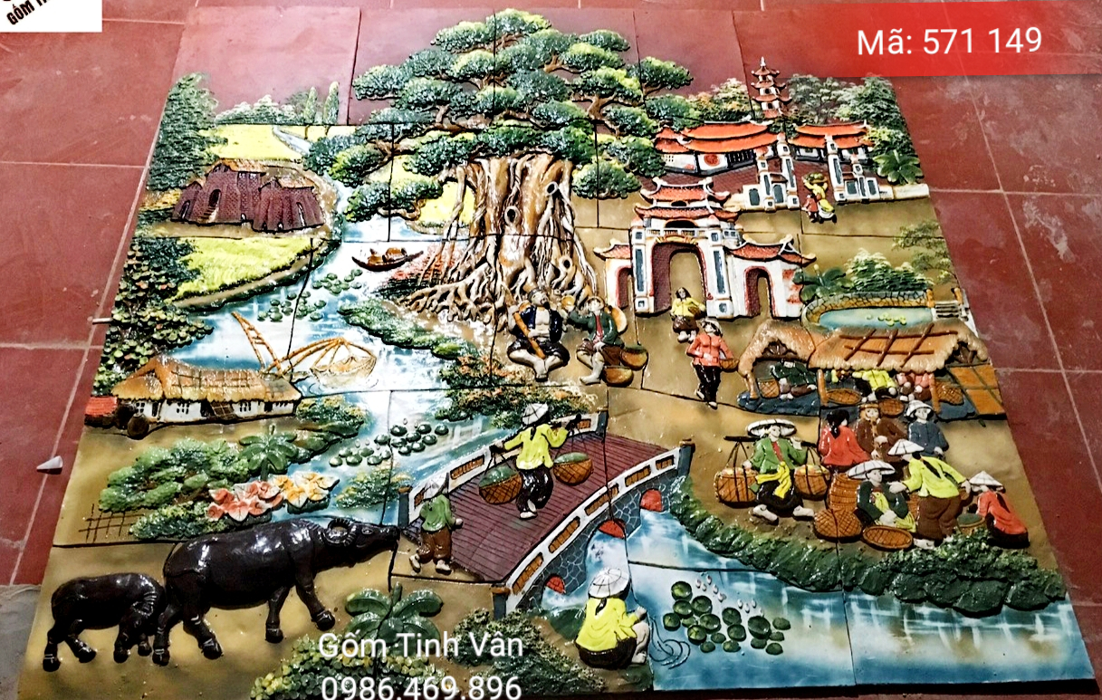 Tranh gốm ghép, đắp nổi 3D, mã 571149, cảnh cuộc sống nơi làng quê bên dòng sông xanh, cây đa, đền chùa, ..., tranh ốp dán tường, trang trí sân vườn, cỡ lớn, hoa văn đắp tay theo yêu cầu, gốm sứ bát tràng, tinh vân