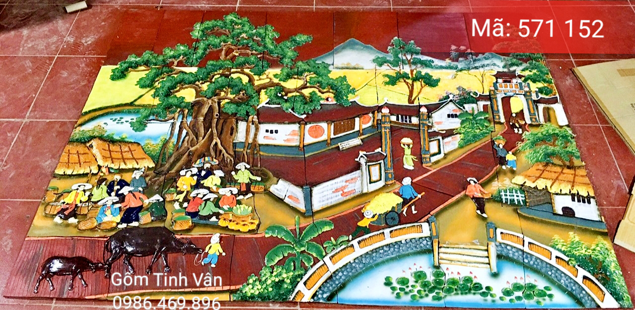 Tranh gốm ghép, đắp nổi 3D, mã 571152, cảnh cuộc sống người dân nơi làng quê với cánh đồng, chùa miếu, cây đa liễu ,..., tranh ốp dán tường, trang trí sân vườn, cỡ lớn, hoa văn đắp tay theo yêu cầu, gốm sứ bát tràng, tinh vân