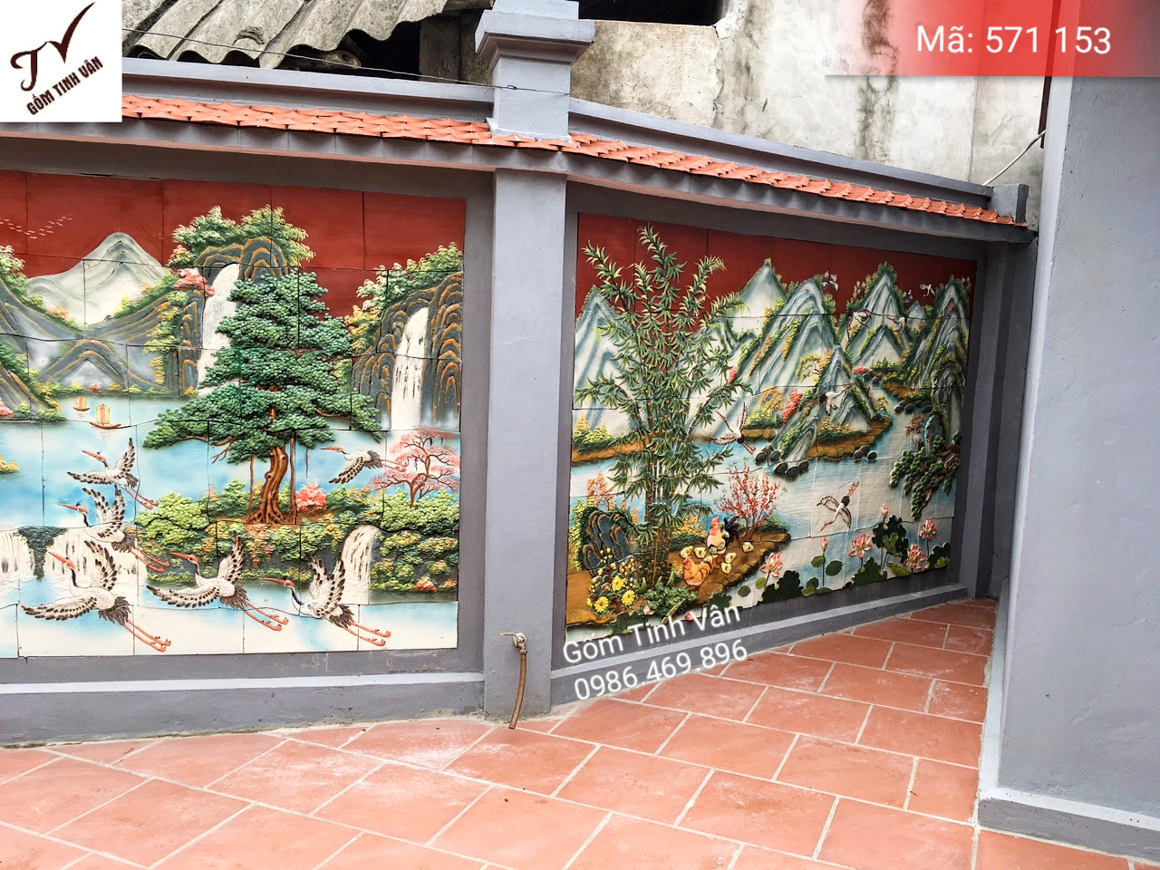 Tranh gốm ghép, đắp nổi 3D, mã 571153, cảnh thác nước bên ngọn núi cao có đàn cò bay phất phớt, có cây cối tạo nên một bức tranh thiên nhiên đầy thơ mộng , tranh ốp dán tường, trang trí sân vườn, cỡ lớn, hoa văn đắp tay theo yêu cầu, gốm sứ bát tràng, tinh vân