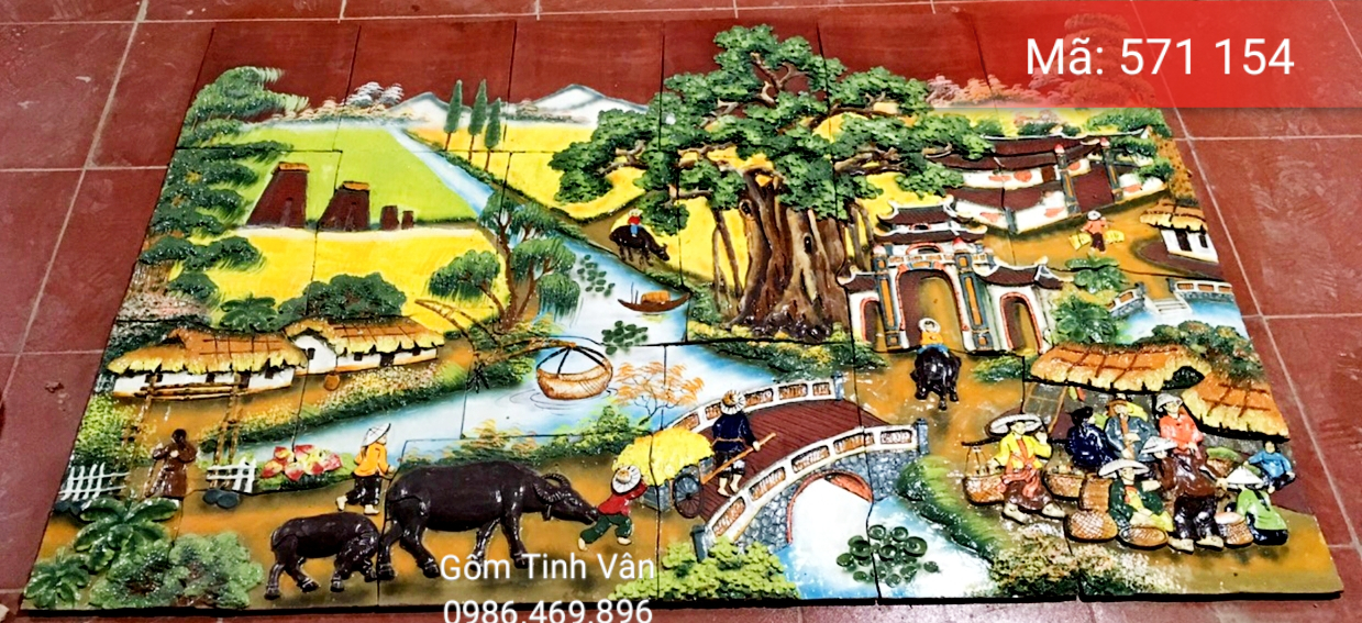 Tranh gốm ghép, đắp nổi 3D, mã 571154, cảnh quê hương bên cánh đồng, dòng sông xanh, tranh ốp dán tường, trang trí sân vườn, cỡ lớn, hoa văn đắp tay theo yêu cầu, gốm sứ bát tràng, tinh vân