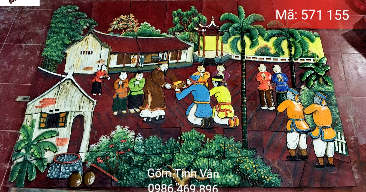 Tranh gốm ghép, đắp nổi 3D, mã 571155, cảnh vinh quy bái tổ, tranh ốp dán tường, trang trí sân vườn, cỡ lớn, hoa văn đắp tay theo yêu cầu, gốm sứ bát tràng, tinh vân
