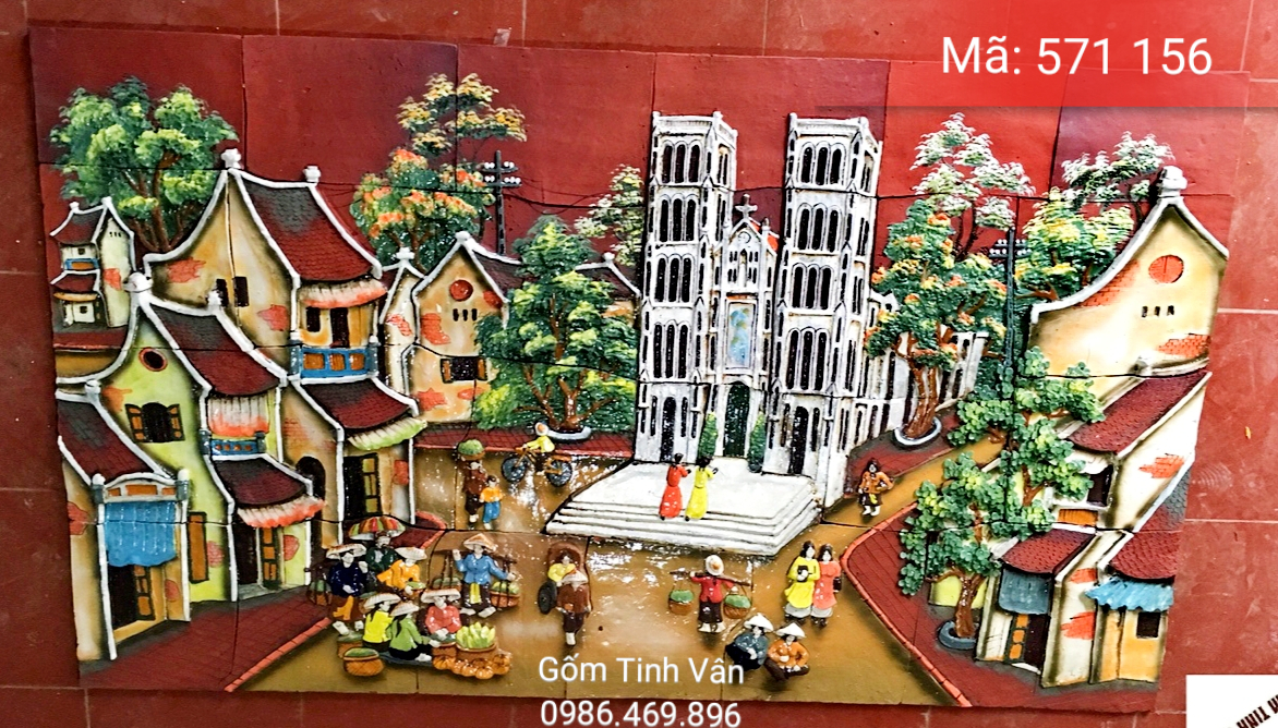 Tranh gốm ghép, đắp nổi 3D, mã 571156, cảnh xóm làng mang phong cách nửa đô thị nửa làng quê, tranh ốp dán tường, trang trí sân vườn, cỡ lớn, hoa văn đắp tay theo yêu cầu, gốm sứ bát tràng, tinh vân