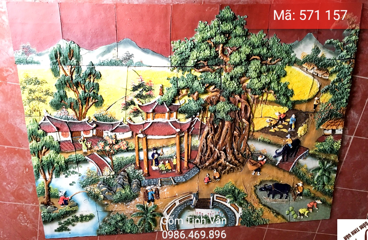 Tranh gốm ghép, đắp nổi 3D, mã 571157, cảnh sinh hoạt làng quê, tranh ốp dán tường, trang trí sân vườn, cỡ lớn, hoa văn đắp tay theo yêu cầu, gốm sứ bát tràng, tinh vân
