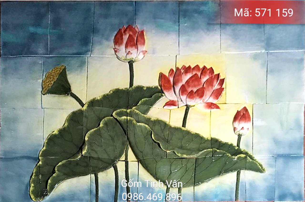 Tranh gốm ghép, đắp nổi 3D, mã 571159, cảnh hoa sen dưới ánh nắng, đơn giản nhưng nổi bật, tranh ốp dán tường, trang trí sân vườn, cỡ lớn, hoa văn đắp tay theo yêu cầu, gốm sứ bát tràng, tinh vân