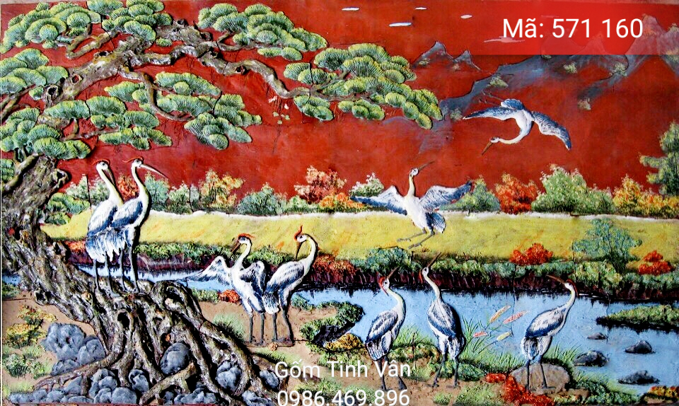 Tranh gốm ghép, đắp nổi 3D, mã 571160, cảnh đàn cò dạo chơi bên cây đa, trong dòng suối, trên bầu trời bao la, tranh ốp dán tường, trang trí sân vườn, cỡ lớn, hoa văn đắp tay theo yêu cầu, gốm sứ bát tràng, tinh vân