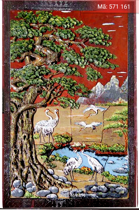 Tranh gốm ghép, đắp nổi 3D, mã 571161, cảnh đàn cò bên cây đa với ngọn núi hùng vĩ, dòng suối trong xanh, tranh ốp dán tường, trang trí sân vườn, cỡ lớn, hoa văn đắp tay theo yêu cầu, gốm sứ bát tràng, tinh vân