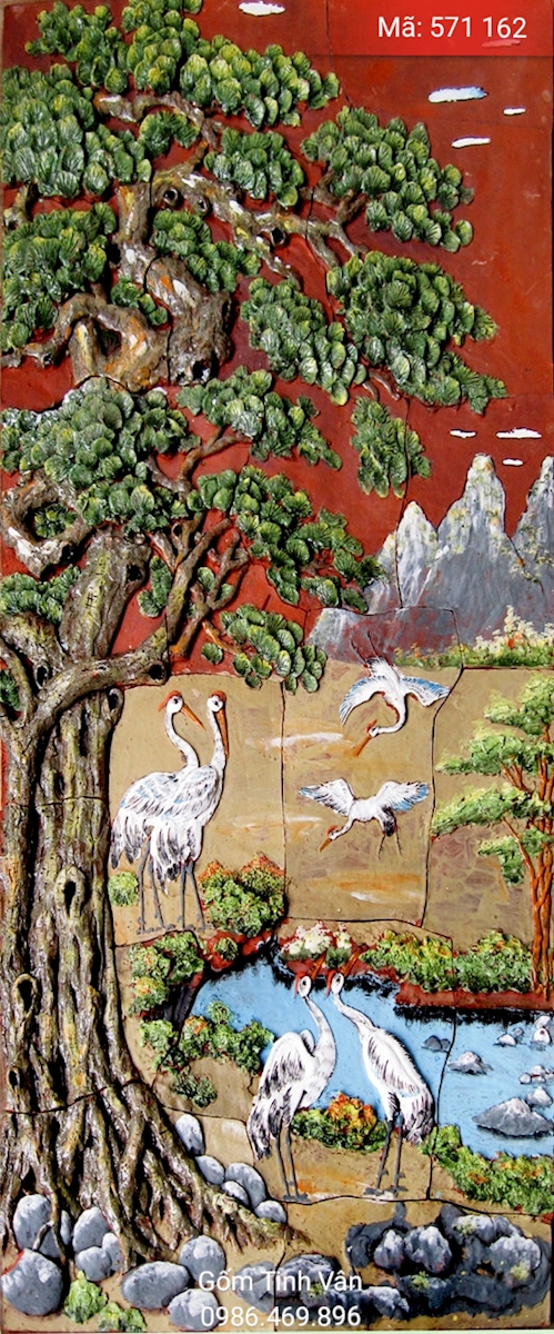 Tranh gốm ghép, đắp nổi 3D, mã 571162, cảnh đàn cò trong rừng núi , tranh ốp dán tường, trang trí sân vườn, cỡ lớn, hoa văn đắp tay theo yêu cầu, gốm sứ bát tràng, tinh vân