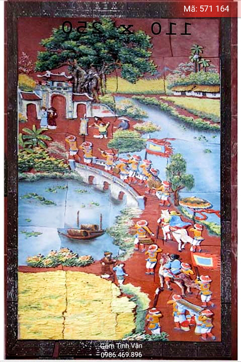 Tranh gốm ghép, đắp nổi 3D, mã 571164, cảnh trạng nguyên về thăm làng, kích thước 110x250, tranh ốp dán tường, trang trí sân vườn, cỡ lớn, hoa văn đắp tay theo yêu cầu, gốm sứ bát tràng, tinh vân