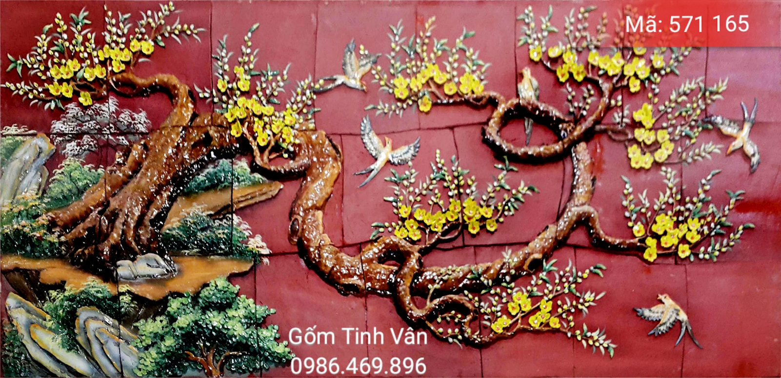 Tranh gốm ghép, đắp nổi 3D, mã 571165, cảnh cây mai vàng nở rộ tạo không khí tết, tranh ốp dán tường, trang trí sân vườn, cỡ lớn, hoa văn đắp tay theo yêu cầu, gốm sứ bát tràng, tinh vân