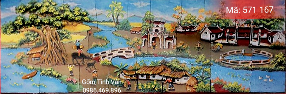 Tranh gốm ghép, đắp nổi 3D, mã 571167, cảnh thôn quê bên dòng sông xanh, tranh ốp dán tường, trang trí sân vườn, cỡ lớn, hoa văn đắp tay theo yêu cầu, gốm sứ bát tràng, tinh vân