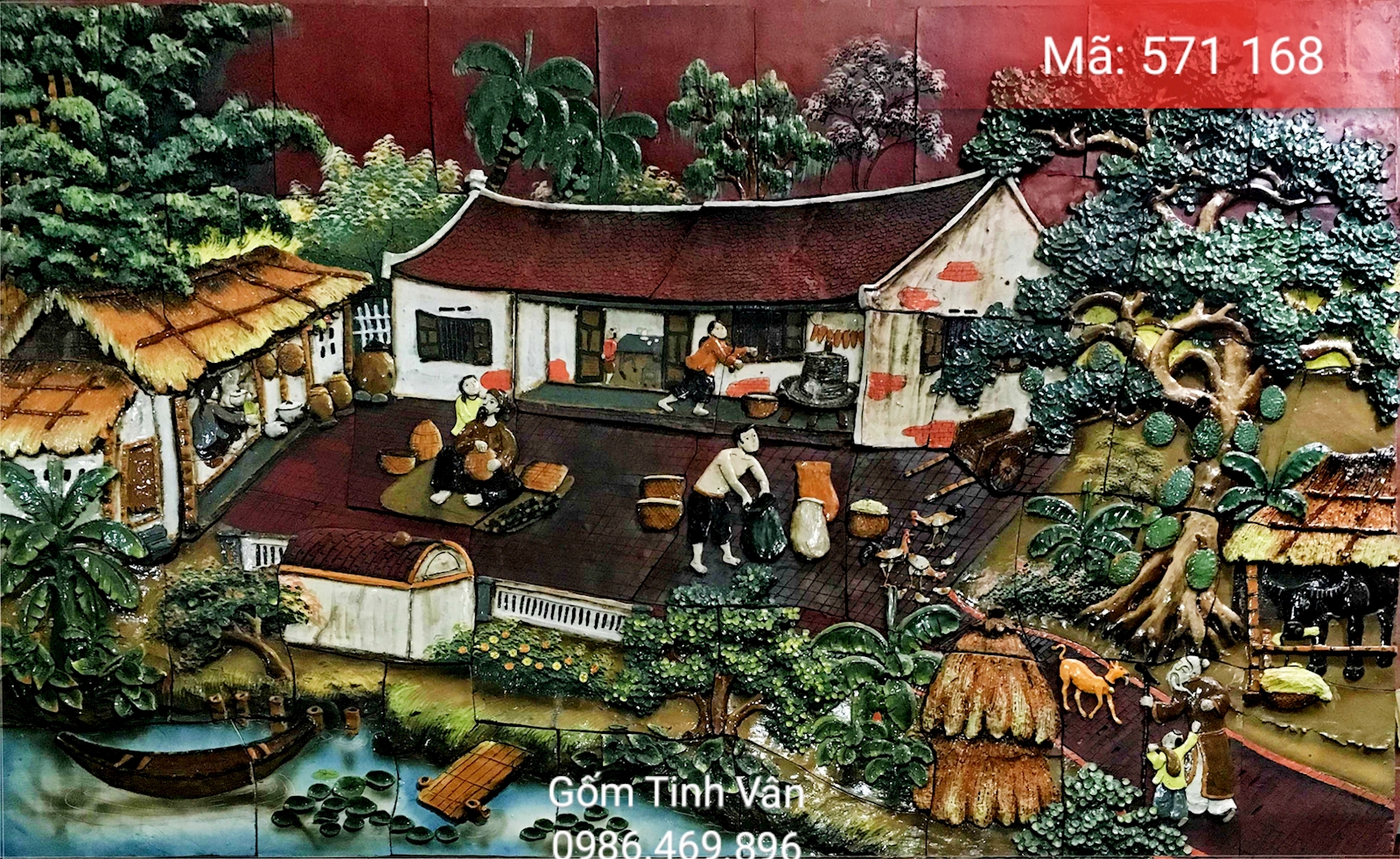 Tranh gốm ghép, đắp nổi 3D, mã 571168, cảnh gia đình đầm ấm bên ngôi nhà đơn sơ, tranh ốp dán tường, trang trí sân vườn, cỡ lớn, hoa văn đắp tay theo yêu cầu, gốm sứ bát tràng, tinh vân