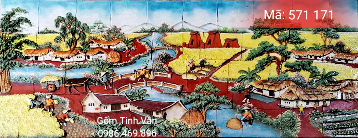Tranh gốm ghép, đắp nổi 3D, mã 571171, cảnh cuộc sống thôn quê,tranh ốp dán tường, trang trí sân vườn, cỡ lớn, hoa văn đắp tay theo yêu cầu, gốm sứ bát tràng, tinh vân