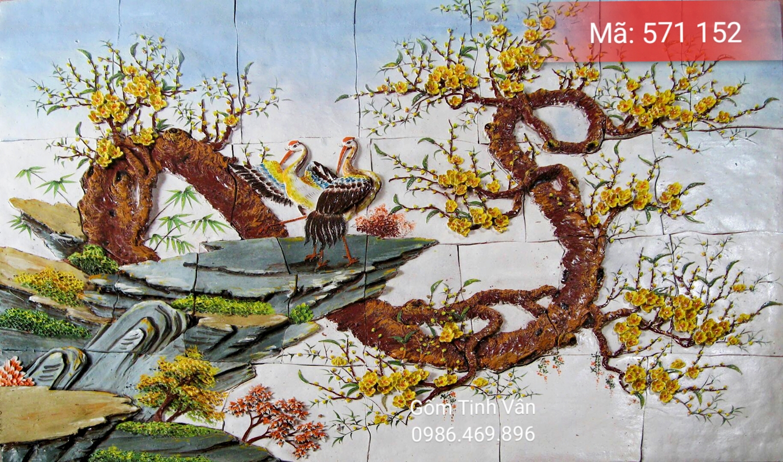 Tranh gốm ghép, đắp nổi 3D, mã 571172, cảnh cây mai vàng trên nền trắng pha chút xanh, chim công đậu trên cành, tranh ốp dán tường, trang trí sân vườn, cỡ lớn, hoa văn đắp tay theo yêu cầu, gốm sứ bát tràng, tinh vân