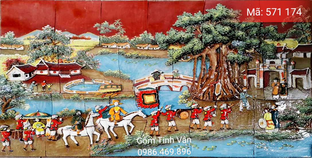 Tranh gốm ghép, đắp nổi 3D, mã 571174 , cảnh trạng nguyên về làng, tranh ốp dán tường, trang trí sân vườn, cỡ lớn, hoa văn đắp tay theo yêu cầu, gốm sứ bát tràng, tinh vân