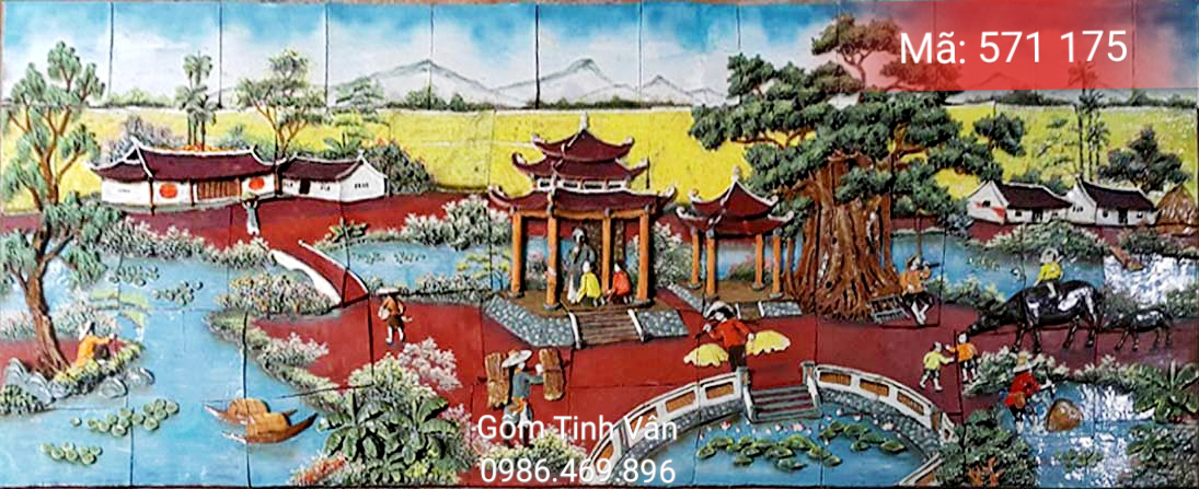 Tranh gốm ghép, đắp nổi 3D, mã 571175, cảnh làng quê với ngôi đình chùa, cánh đồng lúa, tranh ốp dán tường, trang trí sân vườn, cỡ lớn, hoa văn đắp tay theo yêu cầu, gốm sứ bát tràng, tinh vân