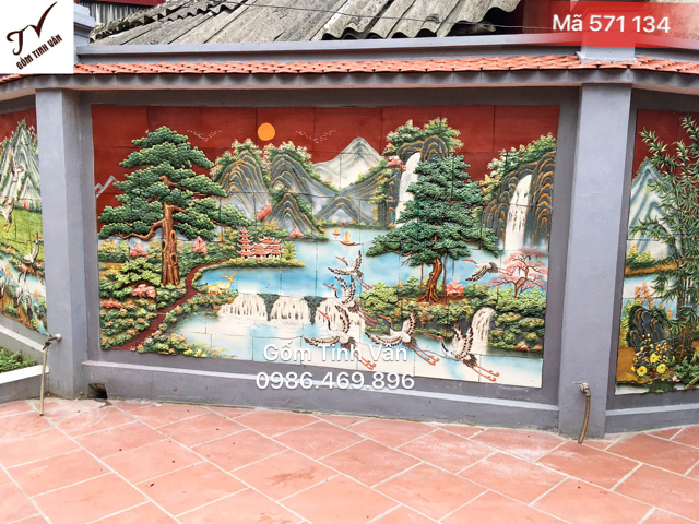 Tranh gốm sứ đắp nổi 3D, mã 571134, cảnh sơn thủy tùng hạc, non nước hữu tình, tranh ghép ốp tường khổ lớn, gốm bát tràng, tinh vân