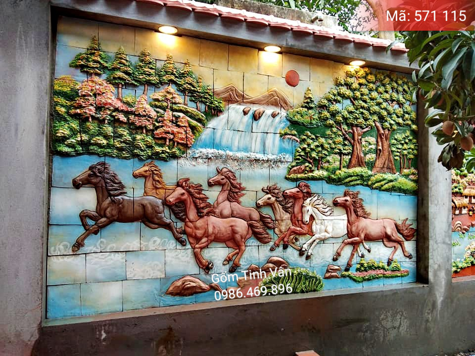 Tranh mã đáo thành công, mã 571115, tranh gốm ghép cỡ lớn, cảnh bát mã truy phong, gốm bát tràng, tinh vân