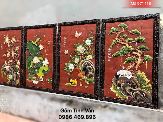 Tranh tứ quý tùng trúc cúc mai, mã 571118, hoa văn đắp nổi, gốm đất nung, gốm bát tràng, tinh vân, kích cỡ theo yêu cầu