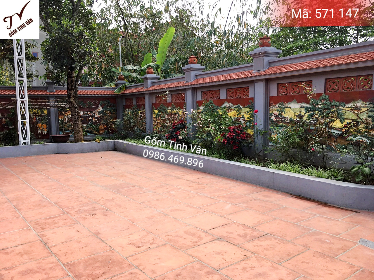 Tường rào tranh gốm ghép, đắp nổi 3D, mã 571147, cảnh làng quê, đồng ruộng,..., tranh ốp dán tường, trang trí sân vườn, cỡ lớn, hoa văn đắp tay theo yêu cầu, gốm sứ bát tràng, tinh vân