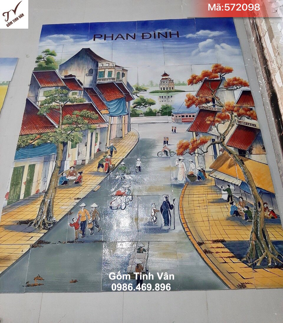 Tranh ghép gốm sứ tráng men, mã 572098, cảnh phố cổ hà nội, tháp rùa hồ gươm, gốm bát tràng màu bền vĩnh cửu, tranh sứ ghép dán tường cao cấp