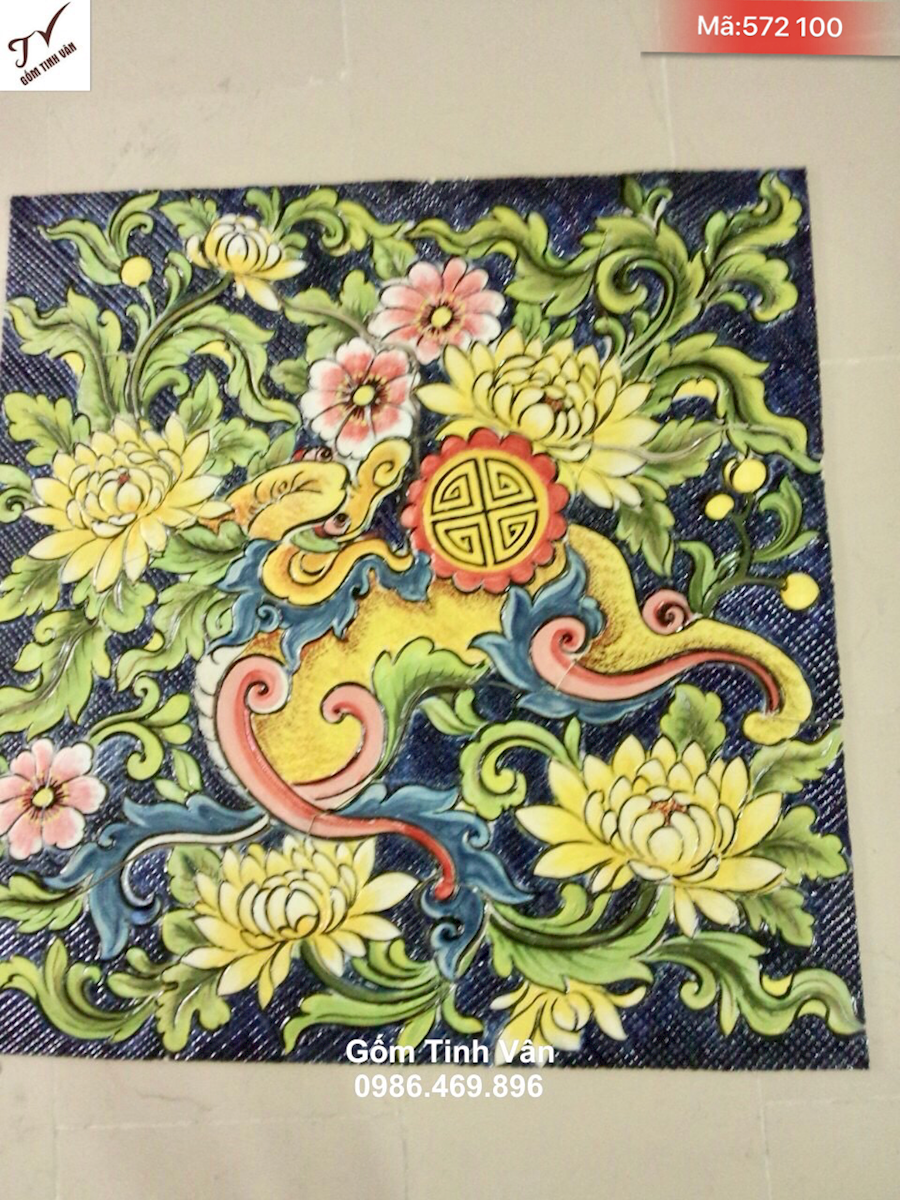 Tranh sứ tráng men hoa văn cúc thọ, mã 572100, kích thước 40x50 cm, ý nghĩa tài lộc, trường thọ, tranh sứ bát tràng tinh vân cao cấp