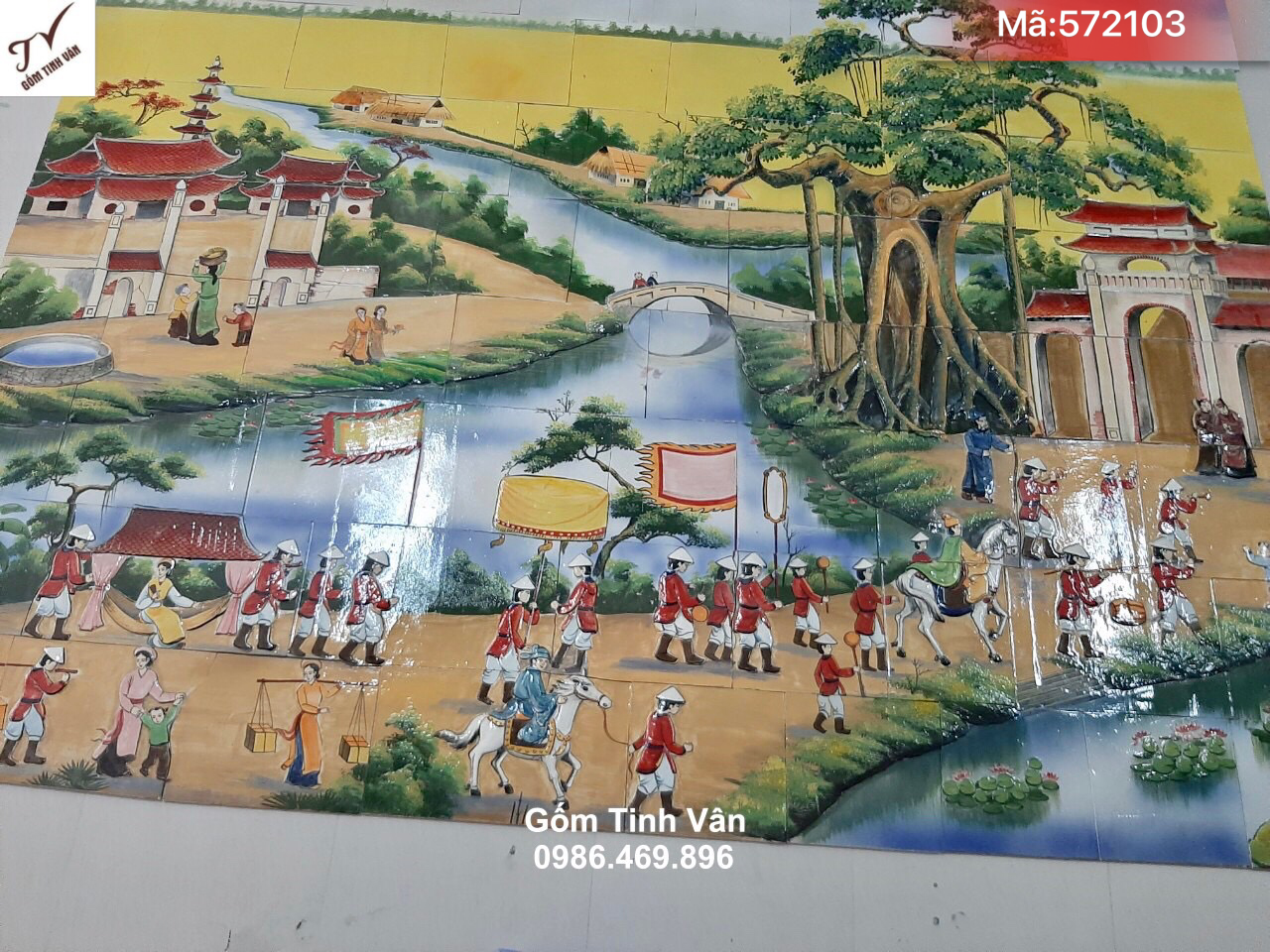 Tranh ghép sứ tráng men, mã 572103, cảnh vinh quy bái tổ, bền màu vĩnh cửu, dễ lau chùi, tranh gốm sứ bát tràng tinh vân