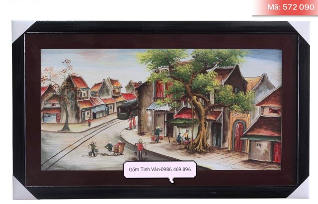 Tranh gốm sứ vẽ trơn, cảnh phố cổ hà nội, mã 572090, 70x45 cm, gốm bát tràng, tinh vân