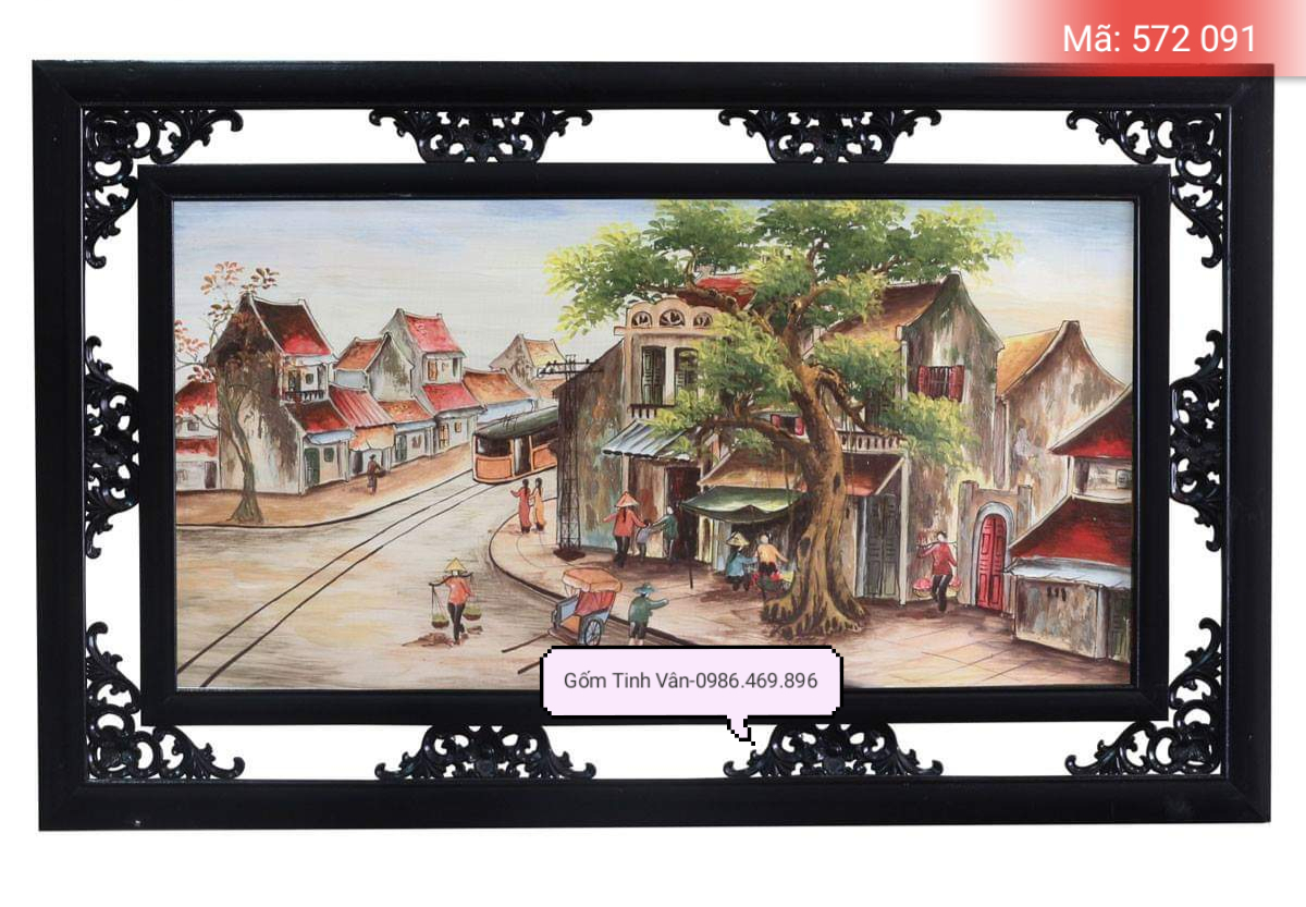 Tranh gốm sứ vẽ trơn, cảnh phố cổ hà nội, mã 572091, 70x45 cm, gốm bát tràng, tinh vân
