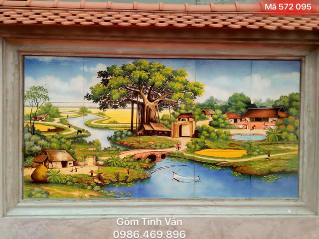 Tranh sứ ghép, dán tường, khổ lớn, mac 572095, vẽ tay cảnh cây đa bến nước, sân đình, gốm sứ bát tràng, tinh vân