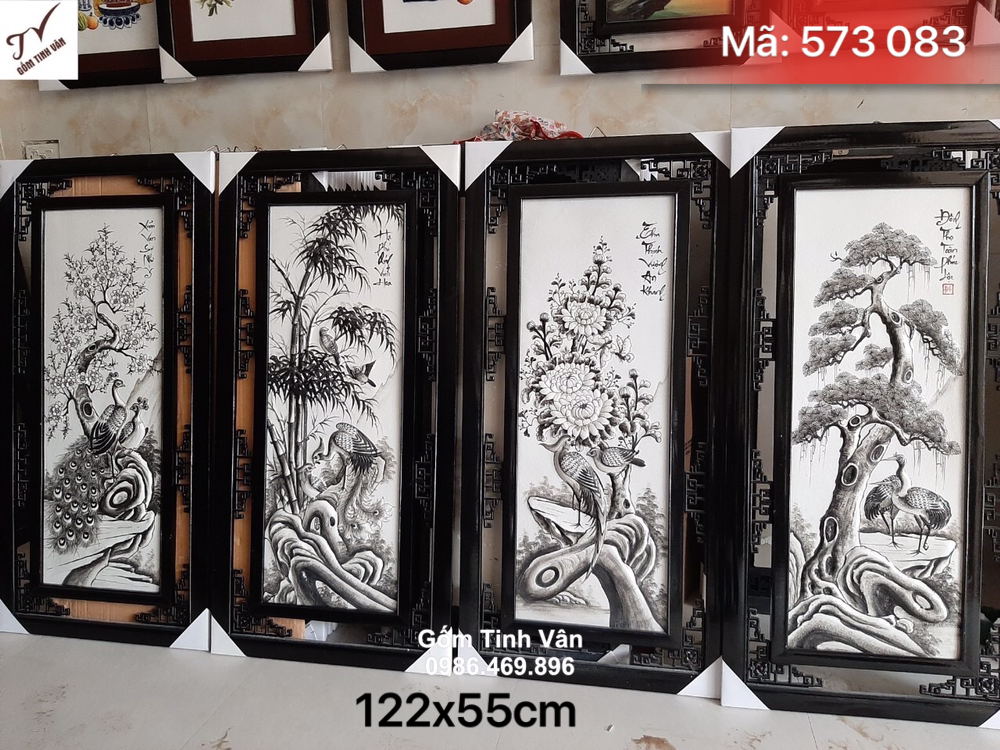 Bộ 4 tấm tranh tứ quý đen trắng đắp nổi 125x55 cm, mã 573083, hoa văn tùng trúc cúc mai, cổ kính, mộc mạc, bền màu vĩnh cửu, dễ lau chùi, tranh tứ quý bát tràng