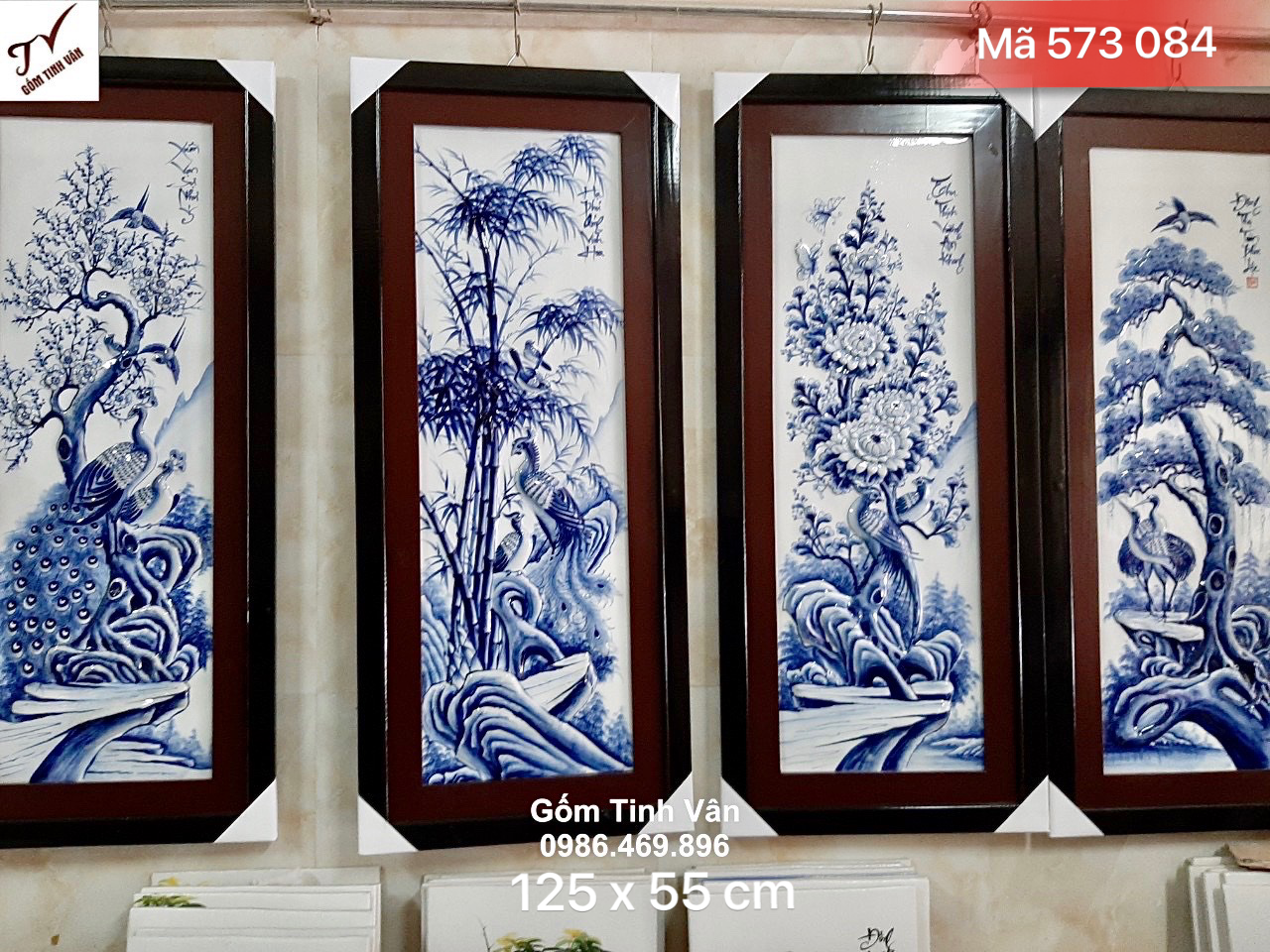 Bộ 4 tấm tranh tứ quý xanh lam đắp nổi 125x55 cm, mã 573084, hoa văn tùng trúc cúc mai, cổ kính, mộc mạc, bền màu vĩnh cửu, dễ lau chùi, tranh tứ quý bát tràng