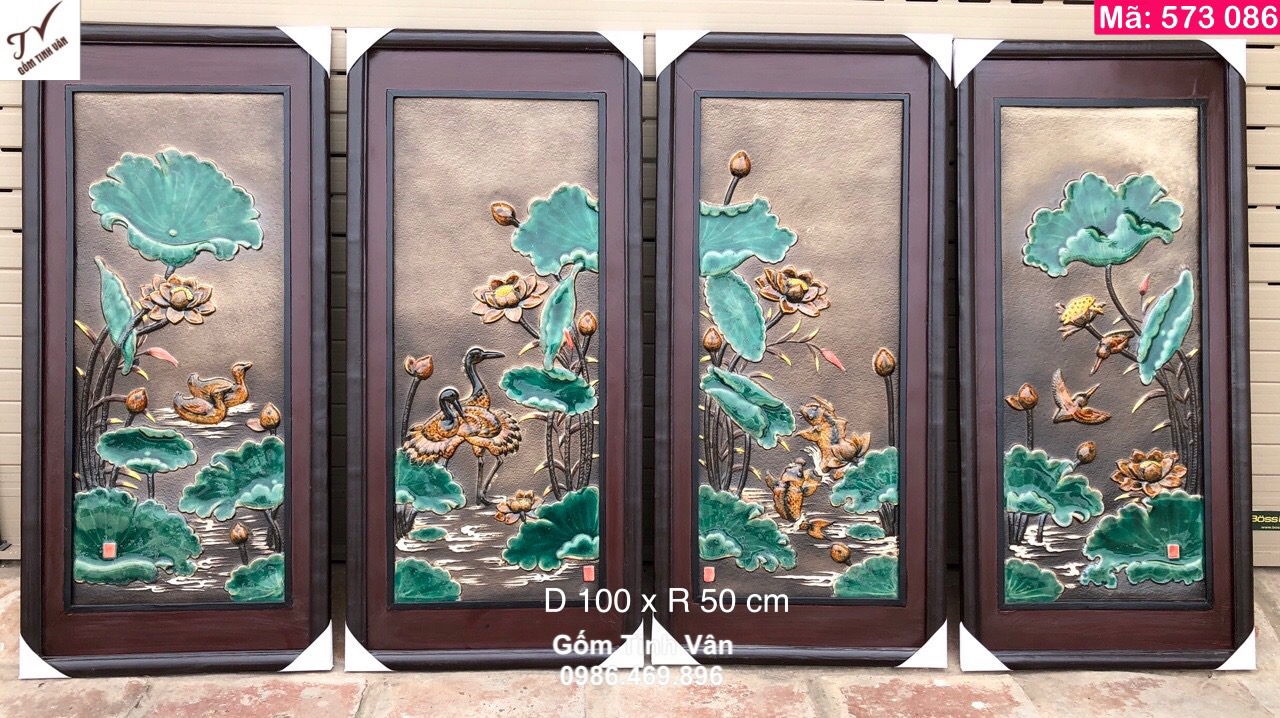 Bộ tranh tứ quý sen xanh, mã 573086, cao 100 x rộng 50 cm, đắp nổi 3D, tranh sứ trang trí phòng khách cao cấp
