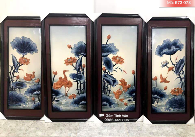 Bộ tranh tứ quý, mã 573078, hoa sen bốn mùa, men xanh lam thủy tinh, 95x45 cm, gốm bát tràng, tinh vân