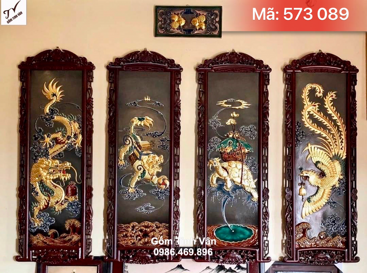 Tranh tứ linh đắp nổi rát vàng 24k cao cấp, mã 573089, long ly quy phụng, được nghệ nhân chạm trổ tinh xảo, kích thước cả khung 128x55 cm, khung gỗ gụ đẳng cấp, tranh tứ linh tứ quý gốm bát tràng tinh vân