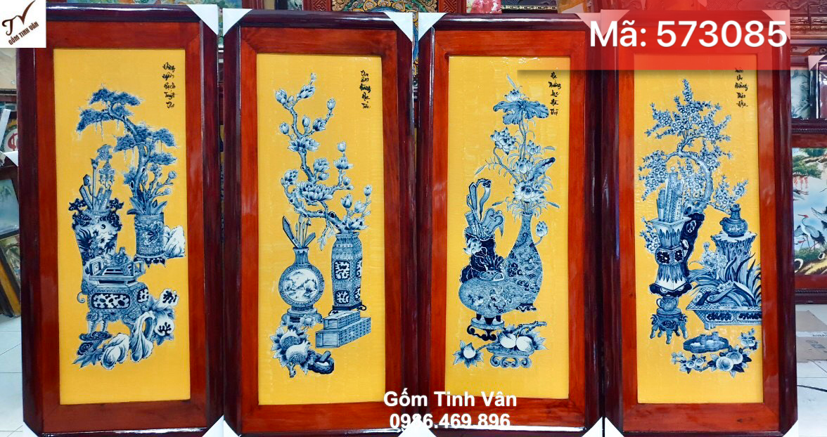 Tranh tứ quý cổ đồ men vàng, mã 573085, hoa văn vẽ tay xanh lam truyền thống, 95x45 cm, tranh gốm bát tràng cao cấp