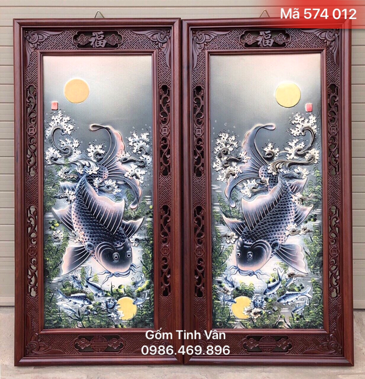 Tranh cá chép trông trắng đắp nổi, mã 574012, 90x45 cm gốm bát tràng, tinh vân