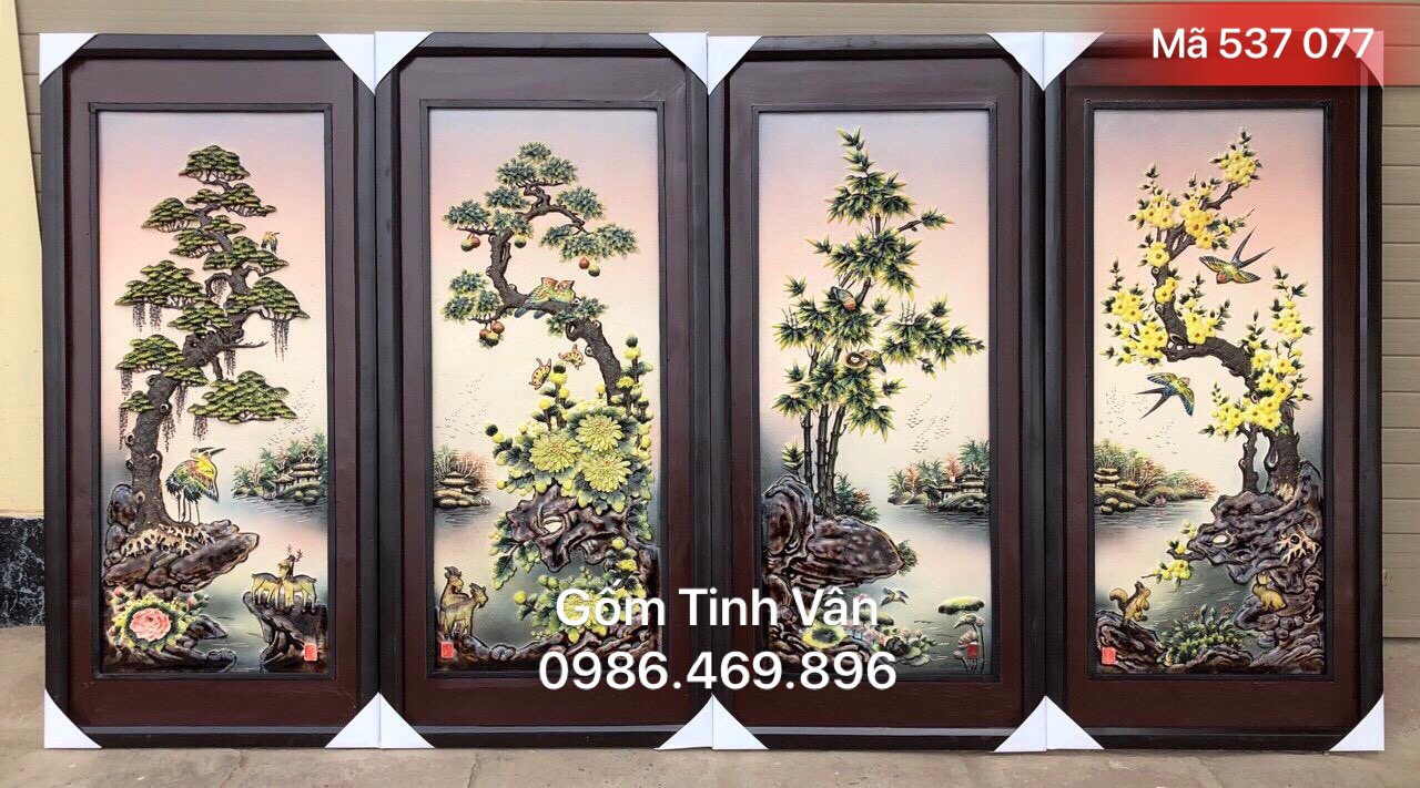 Tranh tứ quý xuân hạ thu đông, đắp nổi, mã 573077, 95x45cm, gốm bát tràng, tinh vân