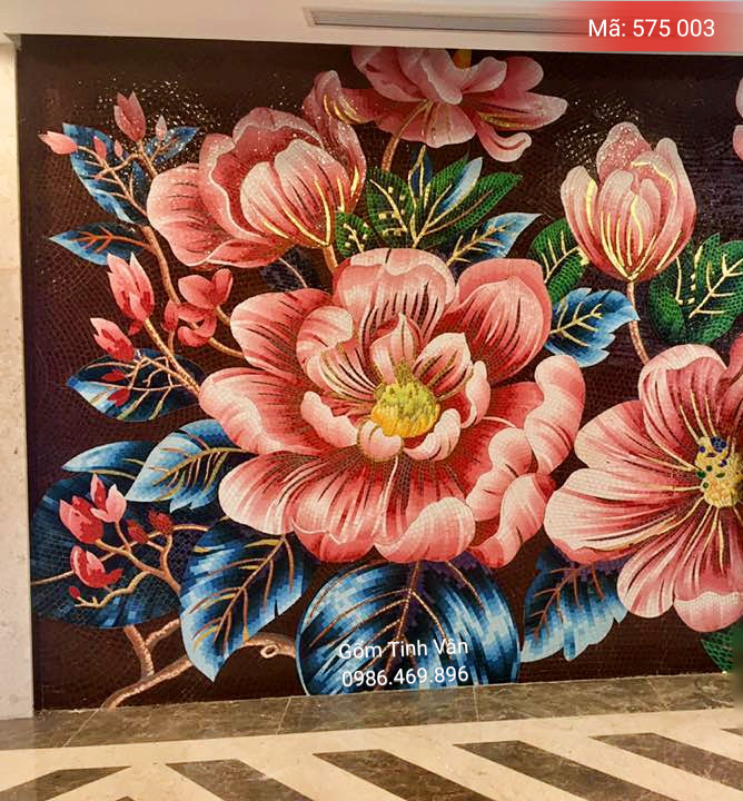 Tranh ghép mosiac, hoa phù dung, mã 575003, gốm bát tràng, tinh vân, nhận đặt theo yêu cầu